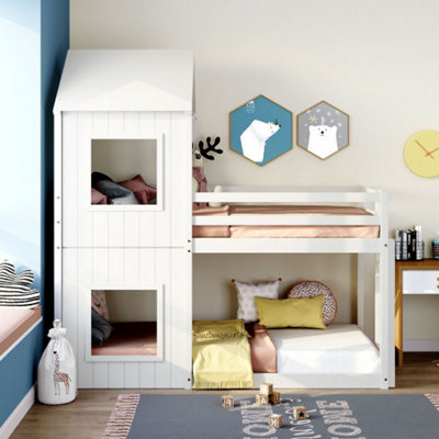 3Ft Treehouse Bunk Bed 90X190CmSingle Bed,cabin Bed FrameMid-Sleeper With Treehouse Canopy & Ladder (White) from B&Q