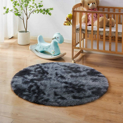 Dark Grey Round 120Cm Large Soft Touch Rug Antiskid Shaggy Rug Fluffy Bedroom Rugs Modern Tie-Dye Carpet from B&Q