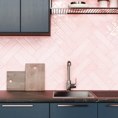 Top Ceramics Pink Gloss Flat Bumpy Metro Ceramic Wall Tile (L)300mm X (W)75mm Each Box 1Sqm from B&Q