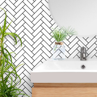Top Ceramics White Herringbone Mosaic Tile Satin (L)280 X (W)310mm from B&Q