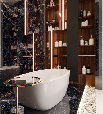 B&Q -  Black Marble Effect Tiles High Gloss Floor & Wall Porcelain Tile (L)120Cm X (W)60Cm Each Box 1.44Sqm