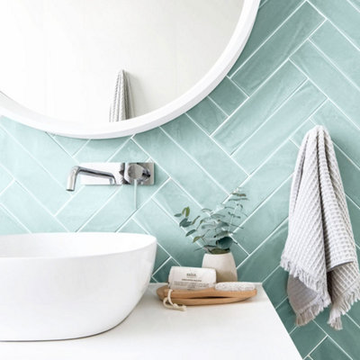 Top Ceramics Light Green Gloss Flat Bumpy Metro Ceramic Wall Tile (L)300mm X (W)75mm Each Box 1Sqm from B&Q