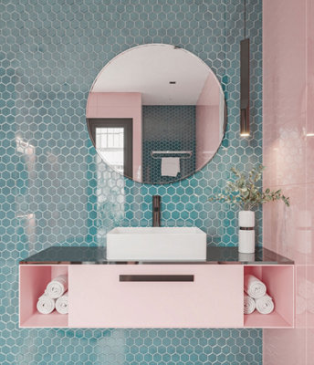 B&Q -  Turquoise Hexagon Mosaic Tile Mix. High Gloss  (L)277 X (W)322mm