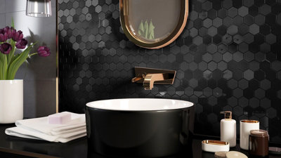 B&Q -  Black Hexagon Mosaic Tile Mix. High Gloss / MattSample