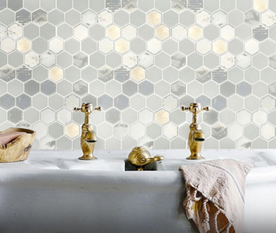 B&Q -  White Hexagon Mosaic Tile Mix. High Gloss / MattSample