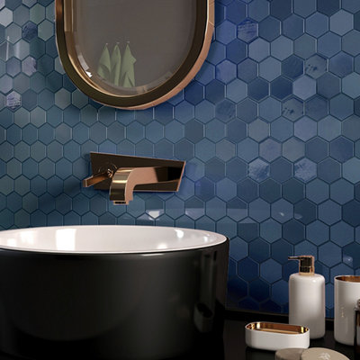 B&Q -  Blue Hexagon Mosaic Tile Mix. High Gloss / MattSample