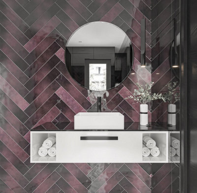 B&Q -  Dark Pink Burgundy Gloss Metro Ceramic Wall Tile Flat BumpySample