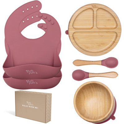 Tanness Yum Yum's Set Of, Baby Feeding Set, Baby Plates With Suction, Bamboo Plates, Baby Bowl And Wooden Spoons Baby Weaning Set, Size 6