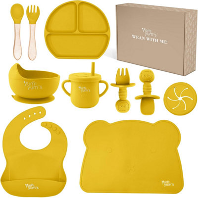 B&Q -  Baby Weaning Set Silicone 10-Piece Feeding Set With Suction PlateBowlBibCupAnd Cutlery For ToddlersMustard Yellow