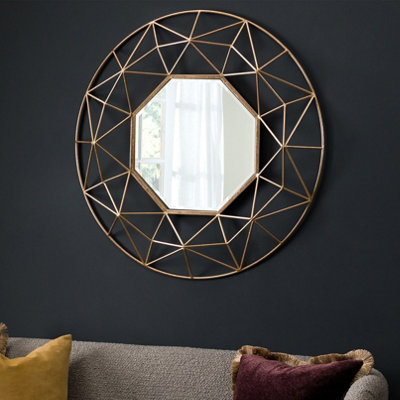 B&Q -  Modern 3D Gold Metal Frame Round Mirror 88.5Cm Diameter