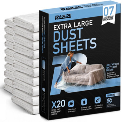 Raulde 12X10ft 20 Pack Plastic Dust Sheets For Decorating - 3.6M X 3M - Plastic Dust Sheets For Painting Extra Large B&Q