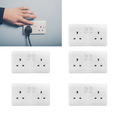 Brightex LED BrightexPack Of 5 2 Gang 13A Switched Socket Double Pole Sockets & Switches With Round Courner Round Edge White Surface Mount from B&Q