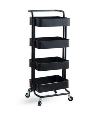 Magna Retail 4-Tier Metal Trolley On Wheels In Black Storage Shelves Cleaning Trolley Metal Rolling Cart Cleaning Caddy from B&Q