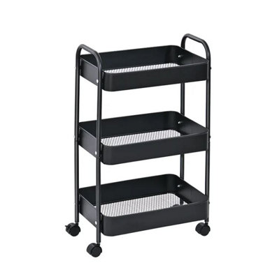 Magna Retail 3-Tier Slim Metal Trolley On Wheels In Black Storage Shelves Cleaning Trolley Metal Rolling Cart Cleaning Caddy from B&Q