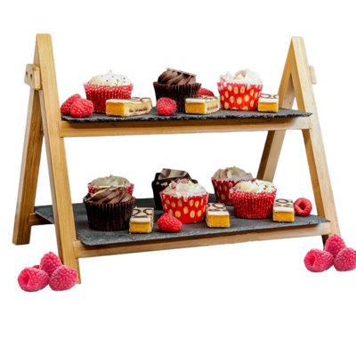 Magna Retail 2 Tier Slate Cake Stand Afternoon Tea Stands Rustic Serving Platter For Desserts Foldable Food Display Rack from B&Q
