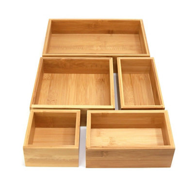 Magna Retail Bamboo Drawer Organiser Set Of 5 Stationary Desk Organiser Drawers Wooden Box Storage Trays Assorted Sizes from B&Q