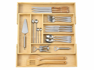 Magna Retail Bamboo Extendable Cutlery Drawer Organiser Extra Large Utensil Holder 6-8 Adjustable Compartments Utensil Drawer from B&Q
