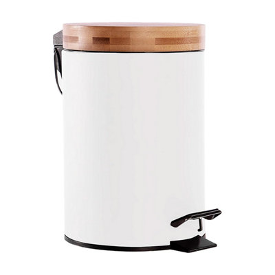 Magna Retail Metal Bathroom Bin With Bamboo Lid White Pedal Bin Dustbin For Bathroom Removable Bucket Soft Close Compact Design3L from B&Q