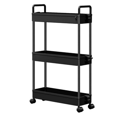 Magna Retail 3-Tier Ultra Slim Plastic Trolley On Wheels Black Cleaning Caddy Utility Cart With X9 Hooks & 2 Cups from B&Q