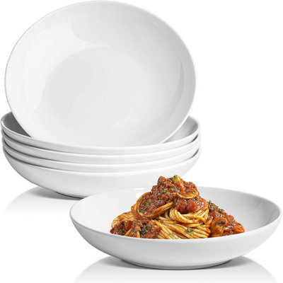 Glim & Glam Salad Pasta Bowl White Serving Soup Bowl Set Porcelain Wide-Shallow Bowls 4Pc Set from B&Q