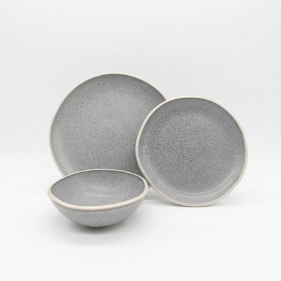 B&Q -  Reactive Grey Stoneware Dinnerware Set Nordic Pebble Plates & Bowls 6Pc Set