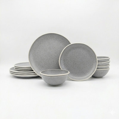 Glim & Glam Reactive Grey Stoneware Dinnerware Set Nordic Pebble Plates & Bowls 12Pc Set from B&Q