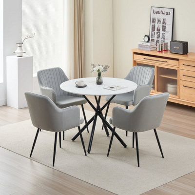 Indoor Living Seattle Charlotte 4 Seater Round Dining Set - Grey Marble Table - Blue Velvet Chairs - Image 6