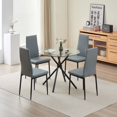 New York Dining Table - 4 Grey Emily Leather Chairs - Grey - 90cm Round - Image 7