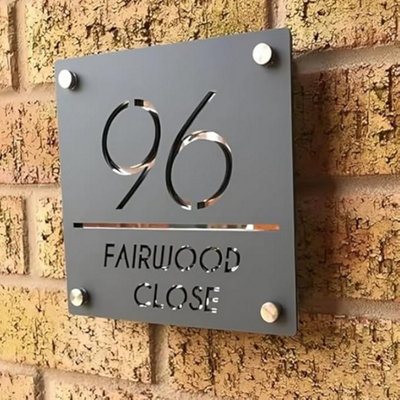 B&Q -  Personalised Coloured Custom House Sign Name Number Acrylic Door Plaques180X180mm Grey