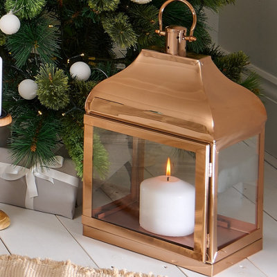Candle Lantern Copper MediumHurricane Lantern- Tall Metal Lantern from B&Q