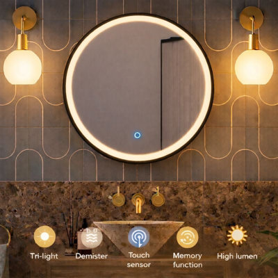 Lumora 600mm Round Matt Black Led Bathroom Mirror Dimmable Tri Light Anti Fog from B&Q