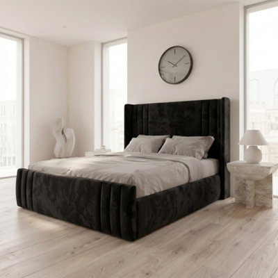  - 4'6 DoubleBlackZoe 3 Line Winged Panel Bed Frame Plush Velvet With Ottoman Gas Lift Storage + Footboard