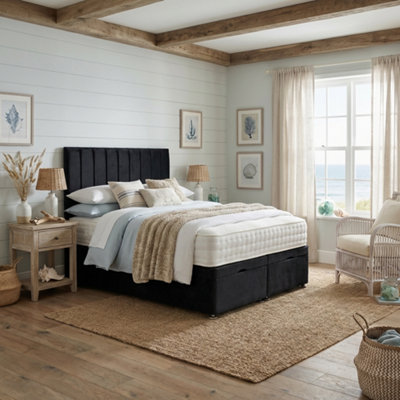  - 6' Super KingBlackModern Line Panel Alpha Bed Frame Plush Velvet With Divan Ottoman Gas Lift StorageBlack