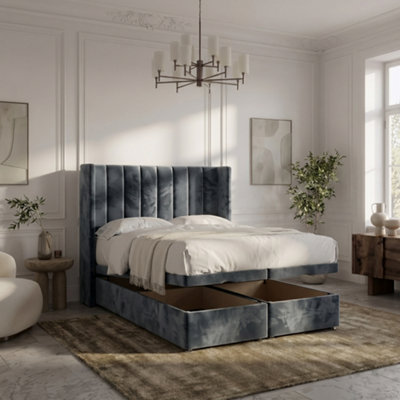 - 4'6 DoubleSteelModern Line Panel Alpha Bed Frame Plush Velvet With Divan Ottoman Gas Lift StorageSteel