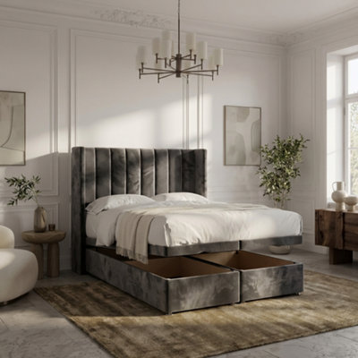  - 6' Super KingGreyModern Line Panel Alpha Bed Frame Plush Velvet With Divan Ottoman Gas Lift StorageGrey