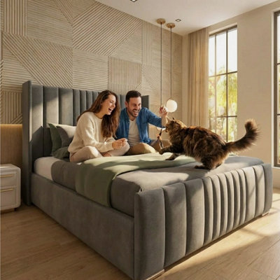  - 5' KingGreyManhattan Aroma Winged Panel Bed Frame Plush Velvet With Ottoman Gas Lift Storage + Footboard