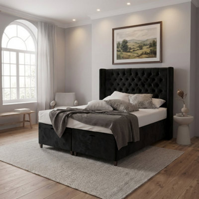  - 4'6 DoubleBlackChesterfield Winged Bed Frame Plush Velvet With Divan Ottoman Gas Lift Storage