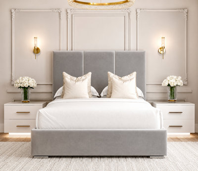  - 4'6 DoubleModern Line Panel Plush Velvet Bed Frame With Divan Ottoman Gas Lift StorageCream