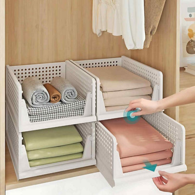  - Set Of 4 Stackable Wardrobe Storage BasketsFoldable Closet Organisers With Pull-Out DrawersWhite