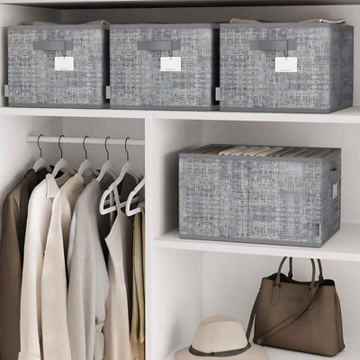 B&Q -  Pack Of 3 Collapsible Storage BasketsFabric Wardrobe Organisers With Label HoldersCattail Grey