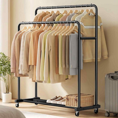 B&Q -  Double Rail Clothes Rack On WheelsMobile Garment Organiser With Lockable CastorsInk Black