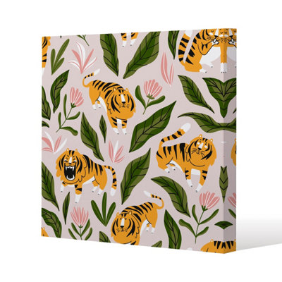 Andrew Lee Cute Tigers And Tropical Leaves And Flowers (Canvas Print) / 90 X 90 X 4Cm from B&Q