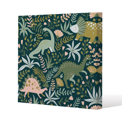 Andrew Lee Hand Drawn Dinosaurs And Tropical Leaves And Flowers. (Canvas Print) / 77 X 77 X 4Cm from B&Q