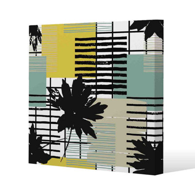 B&Q -  Geometric Shape & Leaf Print In Yellow & Green (Canvas Print) / 77 X 77 X 4Cm