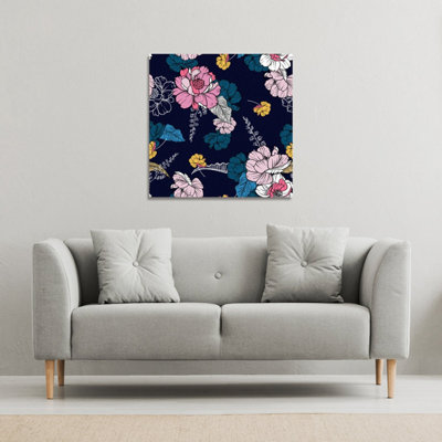 Andrew Lee Pink Flowers On Navy (Canvas Print) / 61 X 61 X 4Cm from B&Q