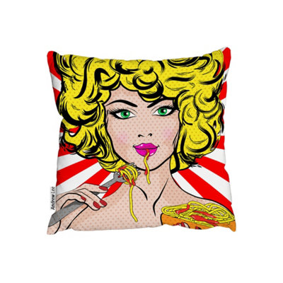 Andrew Lee Pop Art Young Woman Eating Spaghetti (Outdoor Cushion) / 45Cm X 45Cm from B&Q