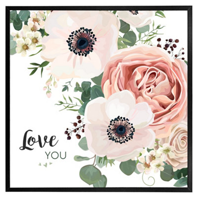 Andrew Lee Garden FlowerPink Peach RoseWhite Anemone (Picutre Frame) / 20X20" / Black