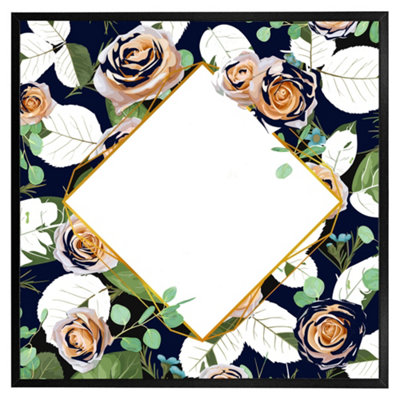 Andrew Lee Decorative Flowers On Navy Background (Picutre Frame) / 16X16" / White from B&Q