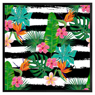 Andrew Lee Tropical Plants On Black & White Stripes (Picutre Frame) / 16X16" / Black from B&Q