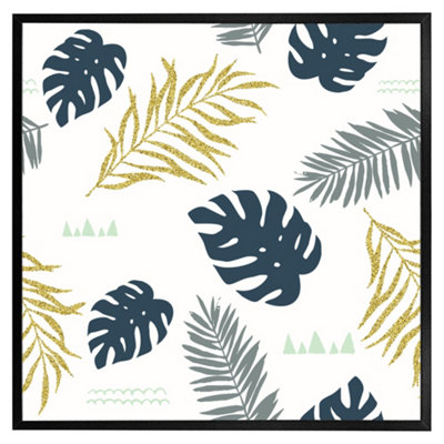 Andrew Lee Gold Glitter & Navy Leaves (Picutre Frame) / 24X24" / Oak from B&Q